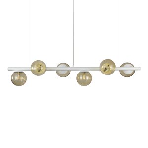 Lustre Pendente Figo Branco - 6 Globos Esfera de Vidro Ambar - 6-2620-4-am