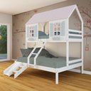 Ver imagem 1 de Beliche Casal/ Solteiro Casinha Bela com Kit Escada/Escorregador - Madeira Maciça Branco/Rosa/Verde