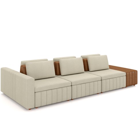 Sofá Ilha com Puff para Sala Living 335cm Amber M03 Linho Cru Couríssimo Whisky - Lyam Decor