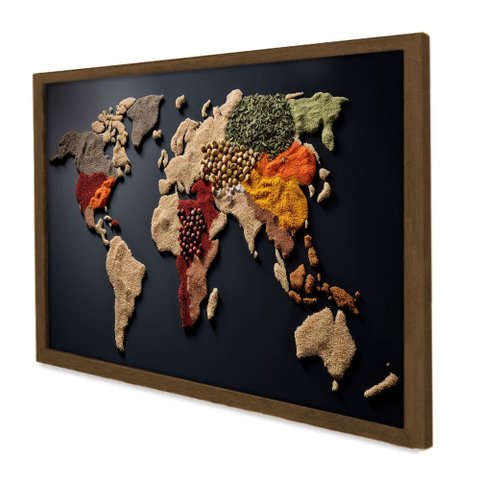 Quadro Decorativo Mapa Mundo Especiarias em Moldura Caixa Tacolado Moldura Trad 1cm Madeira Escura S