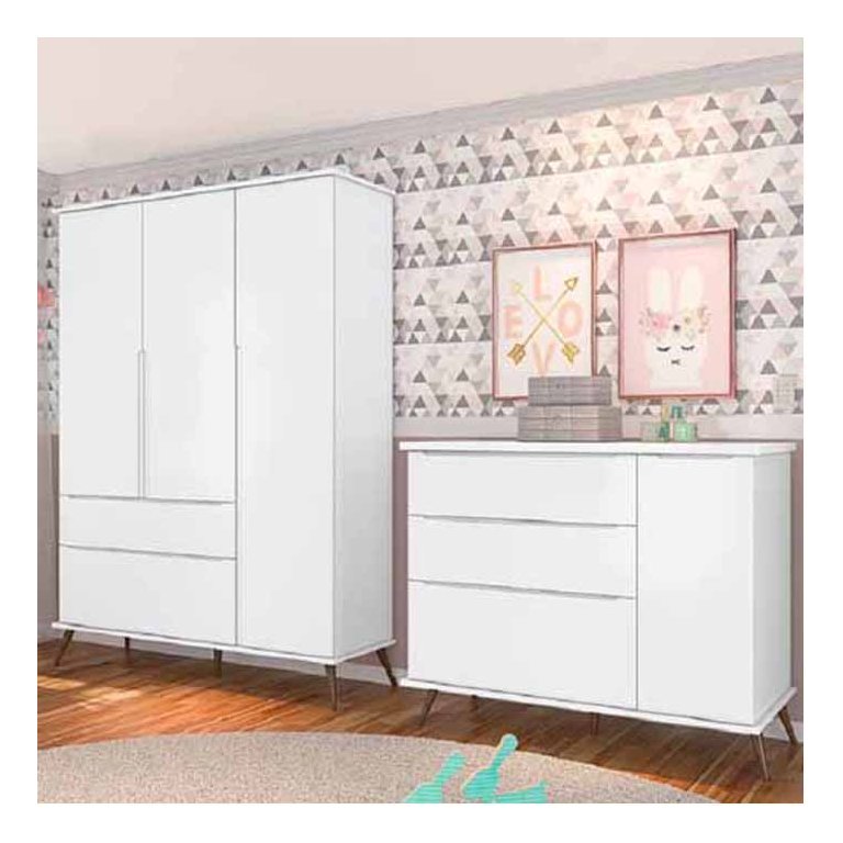 Jogo de Quarto Melinda Branco 100% Mdf Guarda-roupa 3 Portas e 2 Gavetas + Cômoda 3 Gavetas e 1 Port