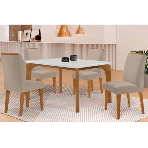 Conjunto: Mesa de Cozinha Londrina Tampo c/ Vidro Curvo 120cm 4 Cadeiras Dakota Madeira Naturale/Off