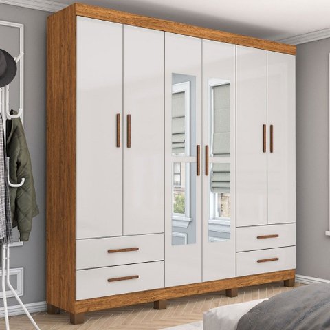 Guarda-roupa Casal Genova 6 Portas 4 Gavetas com Espelho 22111 Cinamomo/off White - Carioca Móveis