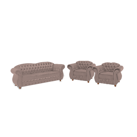 Um Sofá 3 Lugares + Duas Poltronas Chesterfield Merlo- Suede Bege / decoração, sala de estar, rec