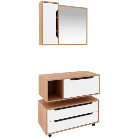 Kit Gabinete Balcão e Espelheira de Banheiro 80 Cm Karina Amêndoa/branco