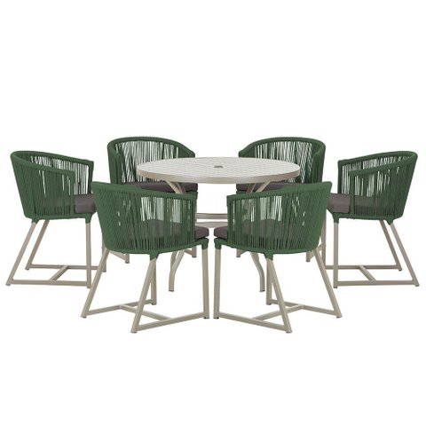 Mesa com 6 Cadeiras de Jantar Roma 120cm e Noronha em Alumínio Fendi Corda Náutica Estofado 11 Trama