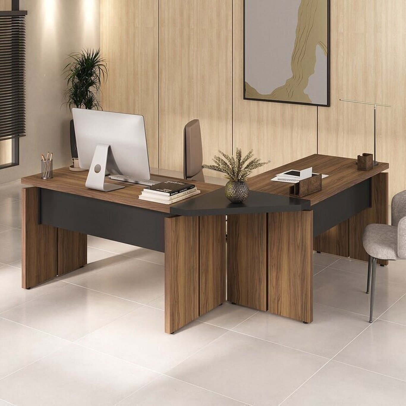 Imagem do Conjunto Mesa Diretor em L para Escritório e Atendimento Artany Nogal Preto Marrom