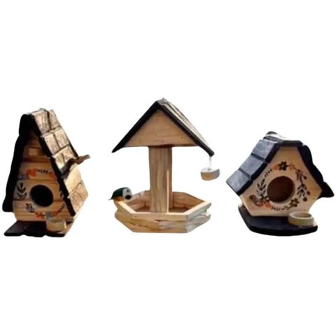 Kit Casa de Pássaros Artesanal em Madeira, Comedouro para Jardim, 3 Peças, Estilo Rústico