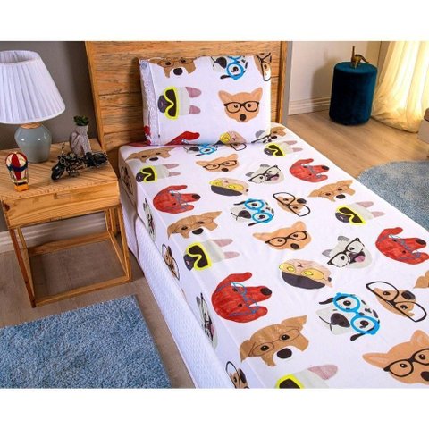 Jogo de Lençol Solteiro Pets 2 Peças Microfibra 170 Fios 100% Poliéster com Elástico Estampa