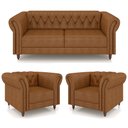 Ver imagem 2 de Conjunto Sala de Estar 1 Sofá Living 220cm e 2 Poltronas Stanford Chesterfield Pés Madeira Couro Mel