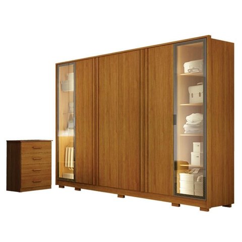 Guarda Roupa Casal Prime 6 Portas com Led Cinamomo com Cômoda Rubi 4 Gavetas Cinamomo – Leifer