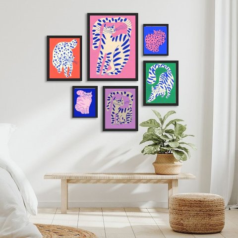 Kit 6 Quadros Artes Gatos Pintados Coloridos - com Vidro:moldura Preta