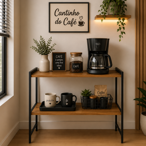 Cantinho do Café Industrial com 2 Prateleiras Londres - Freijó