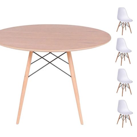Conjunto Mesa Eames Eiffel Dsw Redonda Freijó 90cm + 4 Cadeiras Eames Dsw - Branco