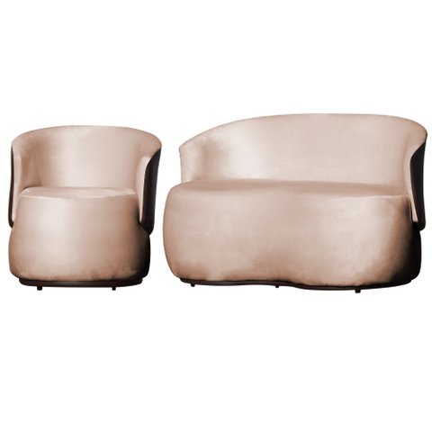 Kit Poltrona e 1 Namoradeira Orgânica Decorativa Beatriz Veludo Rosa/pu Marrom - Montanaris Decor