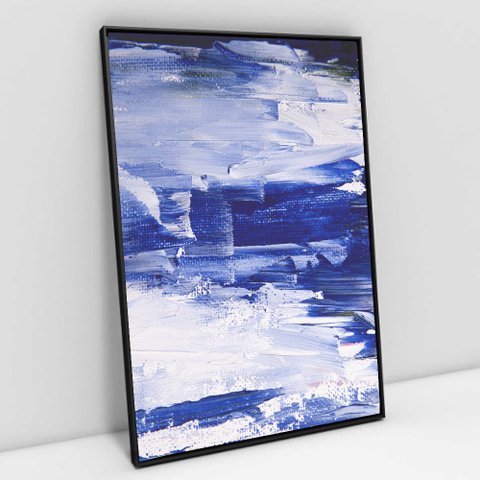 Quadro Decorativo em Canvas Abstrato Mar Azul TaColado Moldura Flutuante 4,5cm Preta 120 x 80cm