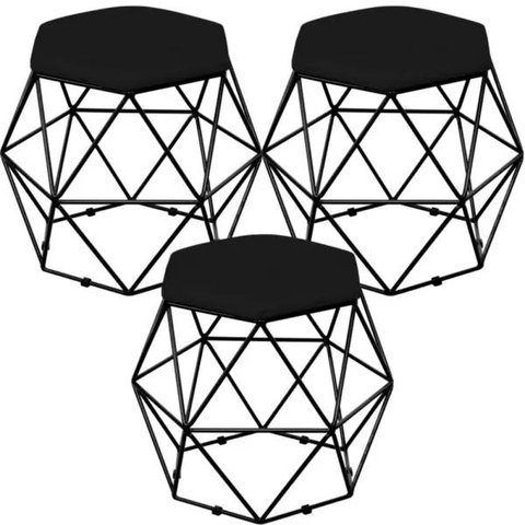 Kit 3 Puffs Decorativo Aramado Preto Six Suede Preto