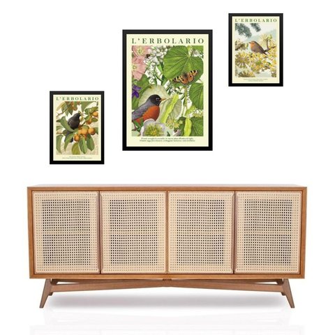 Set 3 Quadros Pássaros Flores e Frutas - com Vidro:moldura Preta