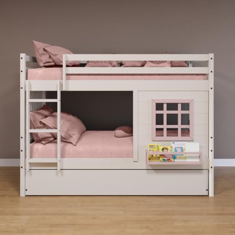 Treliche Infantil com Janela e Cortina Madeira Maciça Branco/ Rosa Housin