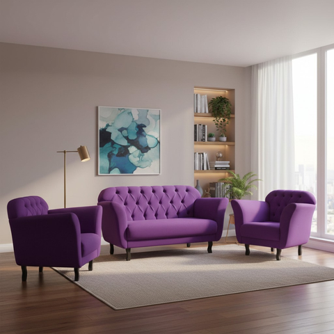 Kit Namoradeira + 2 Poltronas Decorativa Dália Veludo Roxo