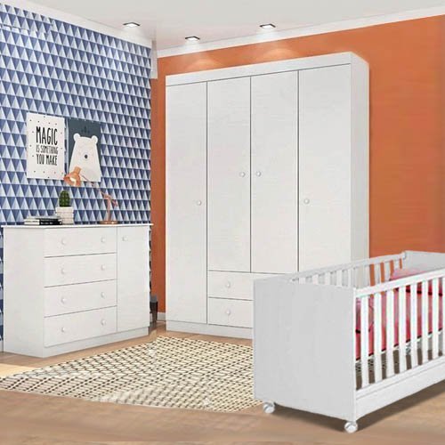 Jogo de Quarto Infantil Isis com Guarda Roupa 4 Portas, Cômoda 1 Porta e Berço Branco - Phoenix Baby - 1