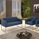 Ver imagem 4 de Kit 1 Sofá Namoradeira e 1 Poltrona Elisa Suede Azul Marinho Base Metálica Industrial Dourada -