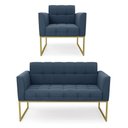 Ver imagem 1 de Kit 1 Sofá Namoradeira e 1 Poltrona Elisa Suede Azul Marinho Base Metálica Industrial Dourada -