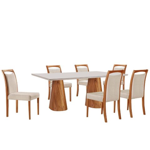 Mesa Noronha 180cm Tampo com Vidro Laqueado com 6 Cadeiras Munique