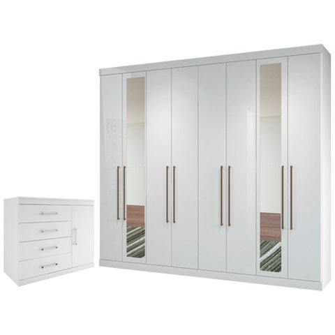 Guarda-roupa Casal Havana Master Vip 8 Portas 4 Gavetas com Espelho e Cômoda 1 Porta 4 Gavetas Santo