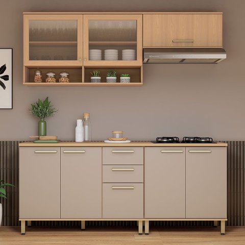 Cozinha Compacta 100 Mdf 4 Peças com Tampo e Vidro Canelado 200cm Duna Luciane Móveis