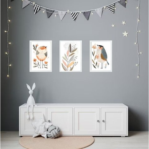 Kit 3 Quadros Quarto Infantil Tema Passarinhos e Flores 33x24cm - com Vidro:moldura Preta