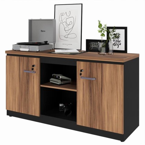 Armário para Escritório Baixo 2 Portas com Chave 3 Prateleiras Yaris Yar1373 Office Marrom/preto