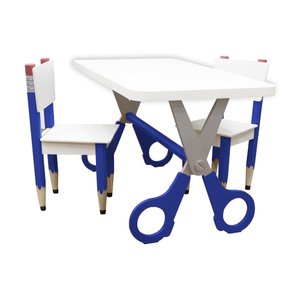Conjunto Mesa e 2 Cadeiras Infantil Formato Lápis Tesoura:azul