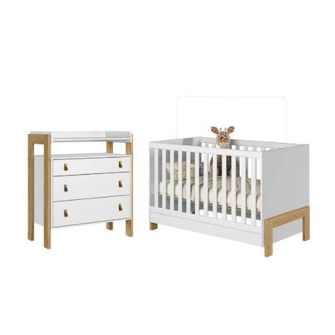 Jogo de Quarto Infantil Fantasia Cômoda e Berço Mini Cama Branco Acetinado - Qmovi