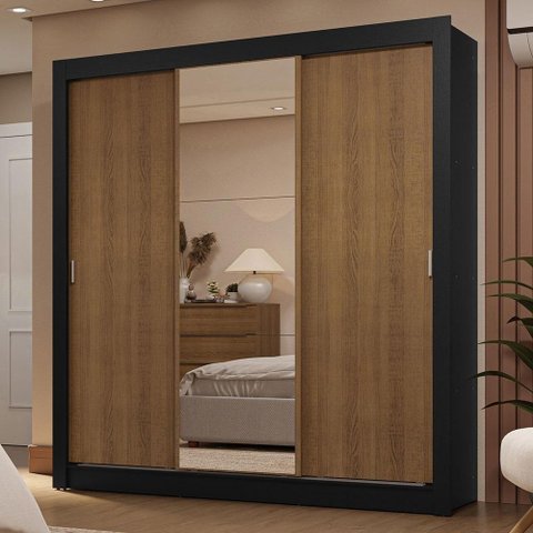 Guarda-roupa Casal 3 Portas de Correr com Espelho 2 Gavetas Preto/rustic Sublime Madesa Preto/rustic