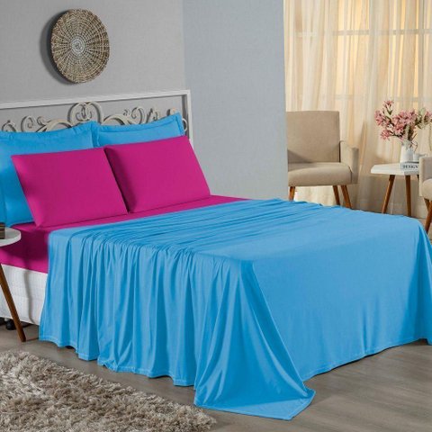 Jogo Cama Casal Nobre 4 Peças Lençol Elástico 30cm Altura 100% Algodão Turquesa Pink
