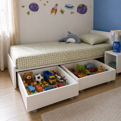 Caixa Baú Gaveta com Rodízios para Brinquedos para Cama