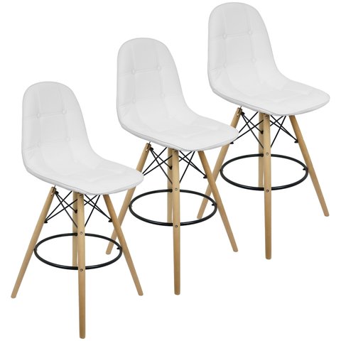 Kit 3 Banquetas Botonê Eiffel Assento Couro Base Fixa Madeira - Branco