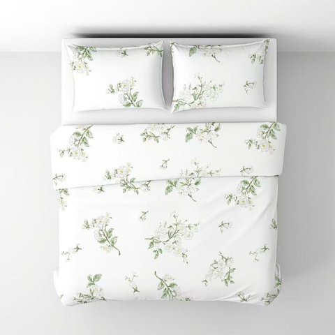 Jogo de Cama Lençol Queen Branco com Flores Verde 4 Peças