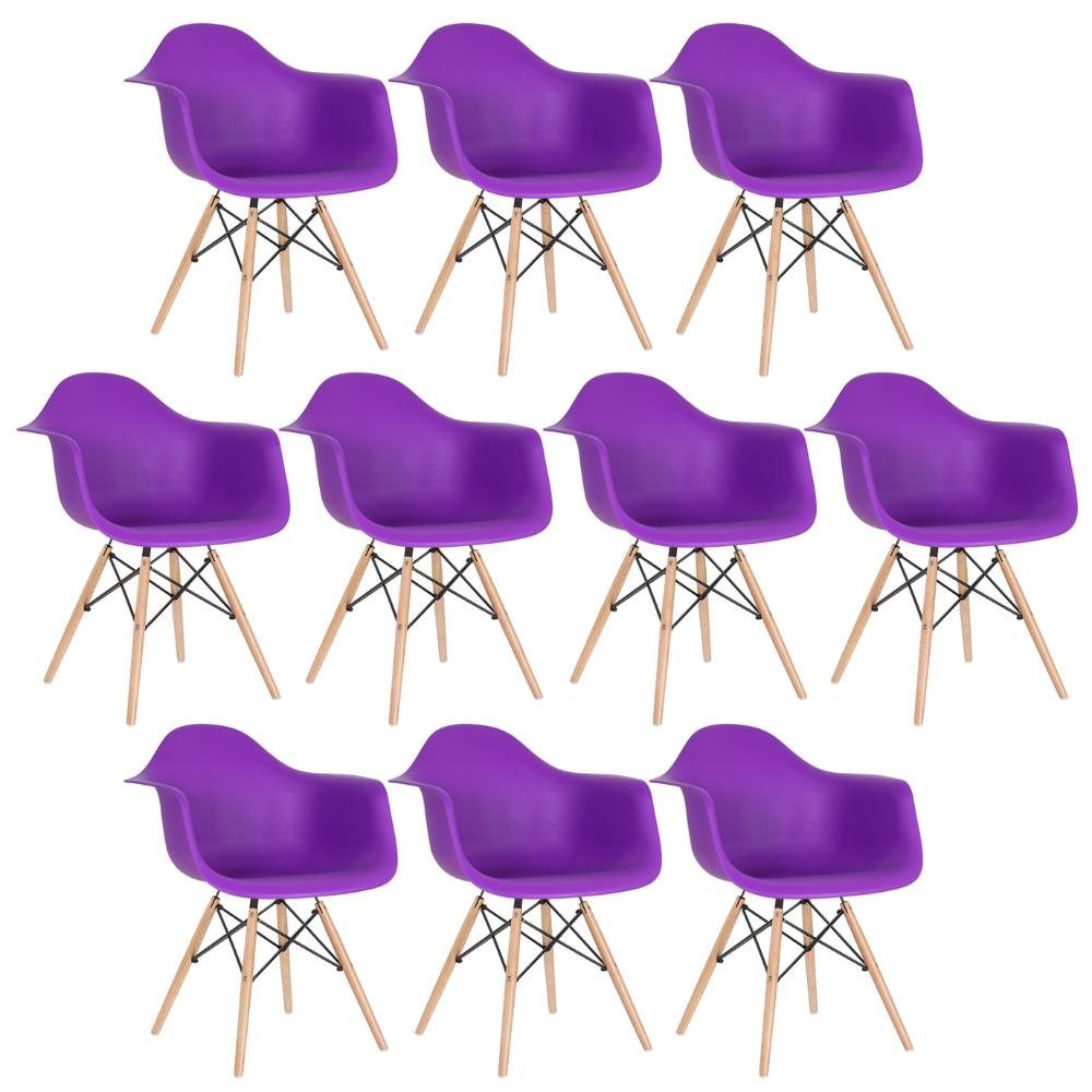 KIT - 10 x cadeiras Charles Eames Eiffel DAW com braços - Base de madeira clara - Roxo - 1