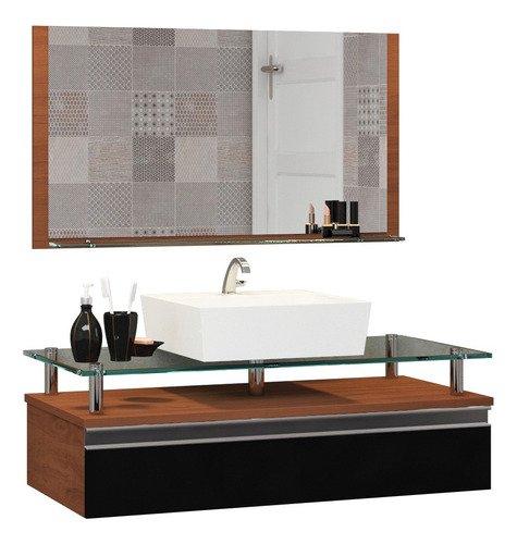 Conjunto Gabinete Banheiro Ametista 80cm com Tampo de Vidro:natura/preto/branco/um Furo
