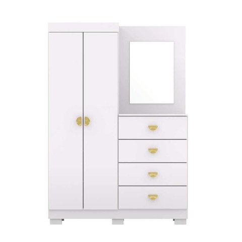 Cômoda Roupeiro com Espelho 2 Portas 4 Gavetas Cristal - Branco - Vila Rica