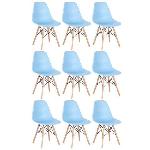 Kit - 9 X Cadeiras Charles Eames Eiffel Dsw - Base de Madeira Clara - Azul Claro Multicolorido