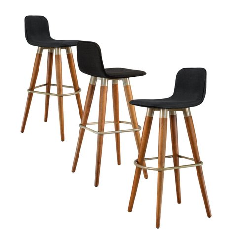 Kit 3 Banquetas Altas Línea em Linho Premium Aço Champanhe - Preto