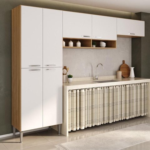 Armário Cozinha Modulada Compacta 270cm 3 Peças Paris Multimóveis Mp2298 Madeirado/branco