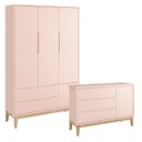 Ver imagem 1 de Guarda Roupa Infantil 3 Portas e Cômoda com Porta New Classic Rosa com Pés Madeira Natural - Reller