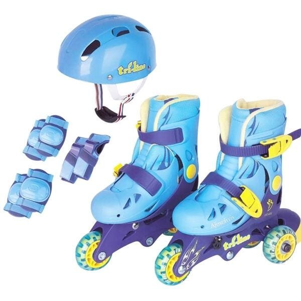Patins Roller Infantil Tri Line 3 Rodas Com Kit De Proteção menino Azul - 26-29