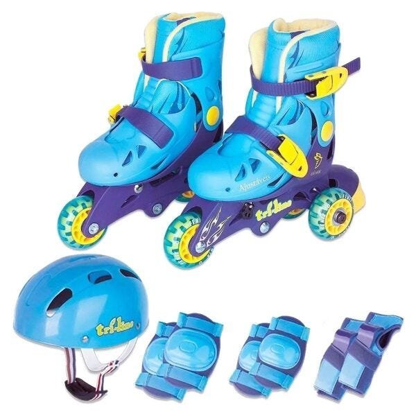 Patins Roller Infantil Tri Line 3 Rodas Com Kit De Proteção menino Azul - 26-29 - 2