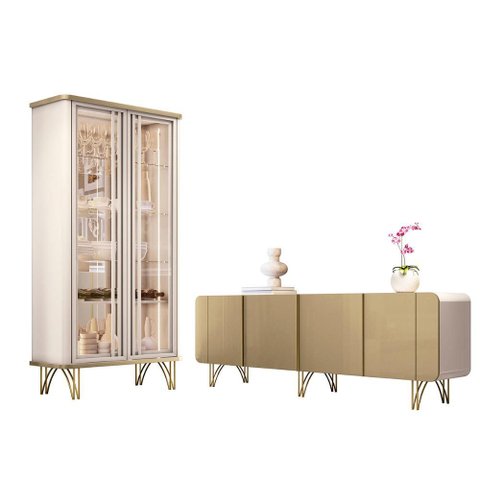 Kit de Aparador Buffet Saluti e Cristaleira Evora Pés de Aço Off White/champanhe