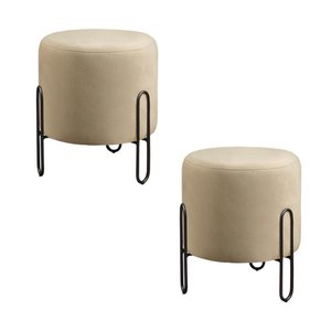Conjunto - 2 Puffs Banqueta Mali Luxo Base Metálica Preta Linho Bege